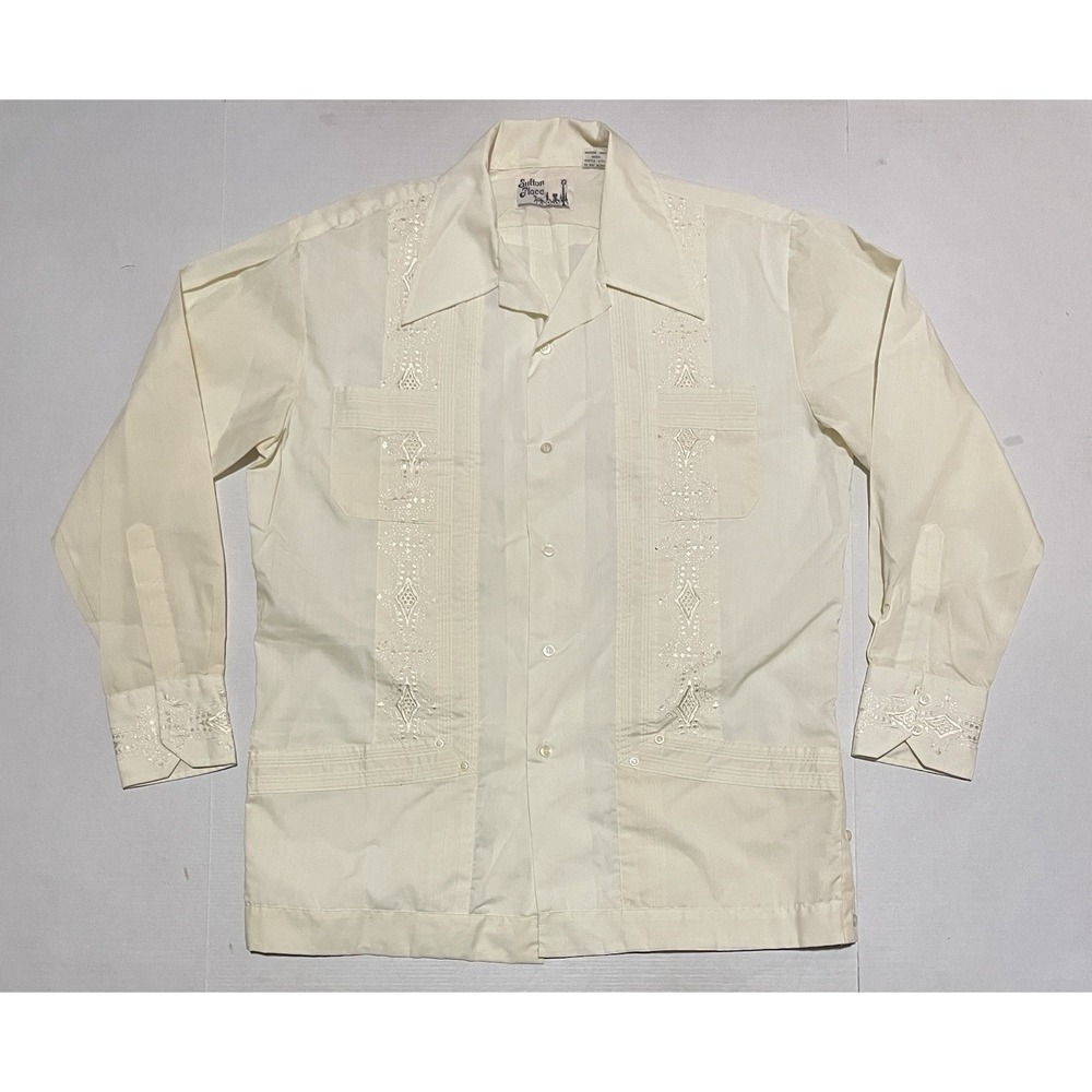 Vintage‎ Sutton Place Mens Guayabera Shirt Large Cream Embroidered Long Sleeve